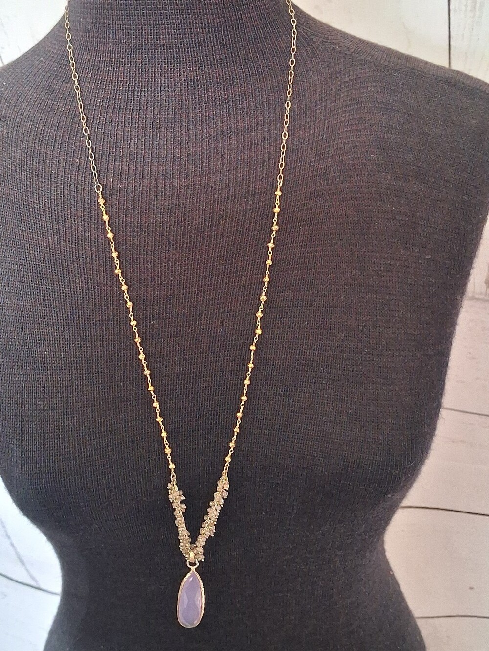 Boho Luxe Goldtone Chain Necklace with Lavender Teardrop Pendant
